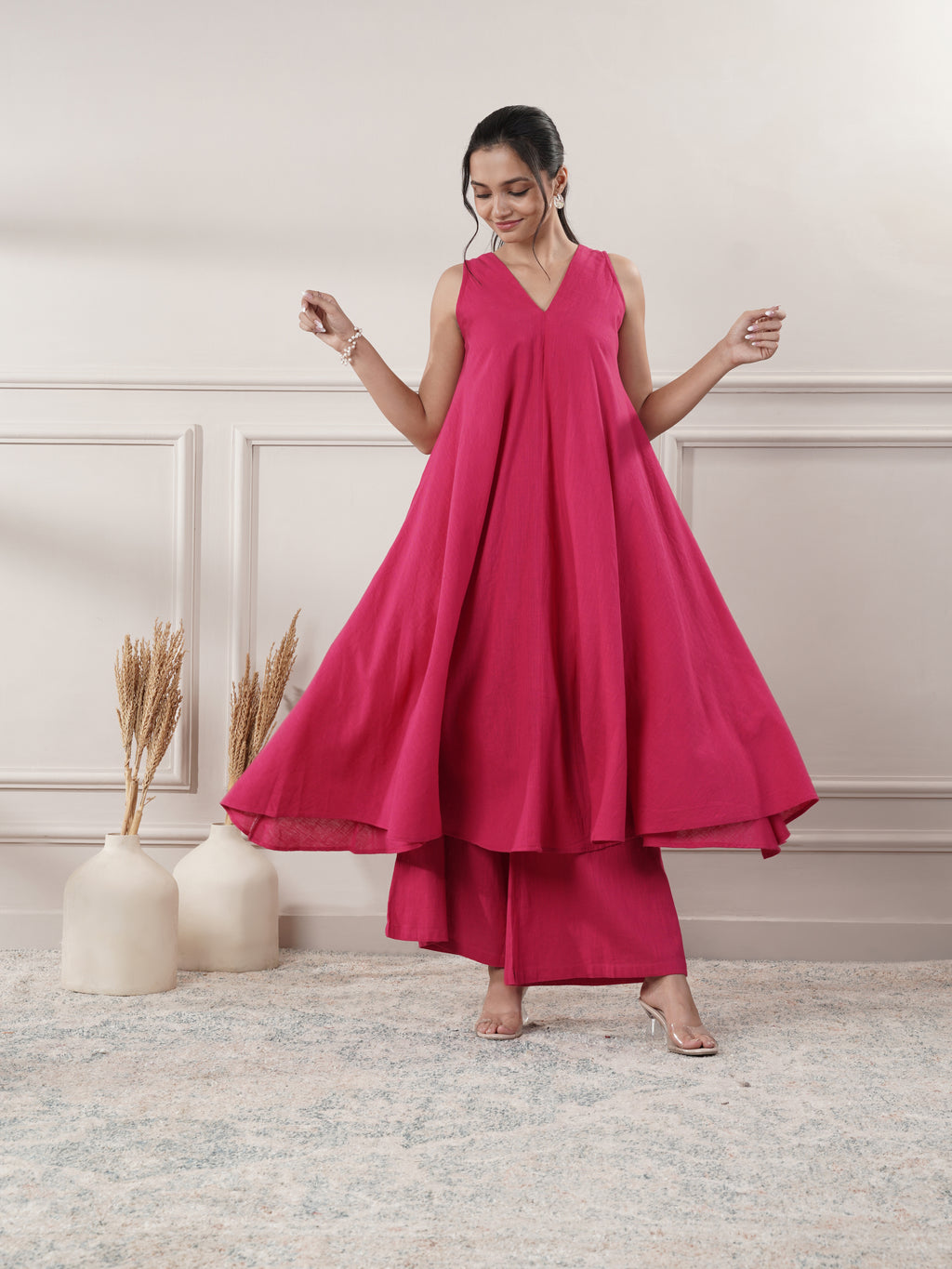 Pink Cotton A-Line Midi Party wear dresses With Pants