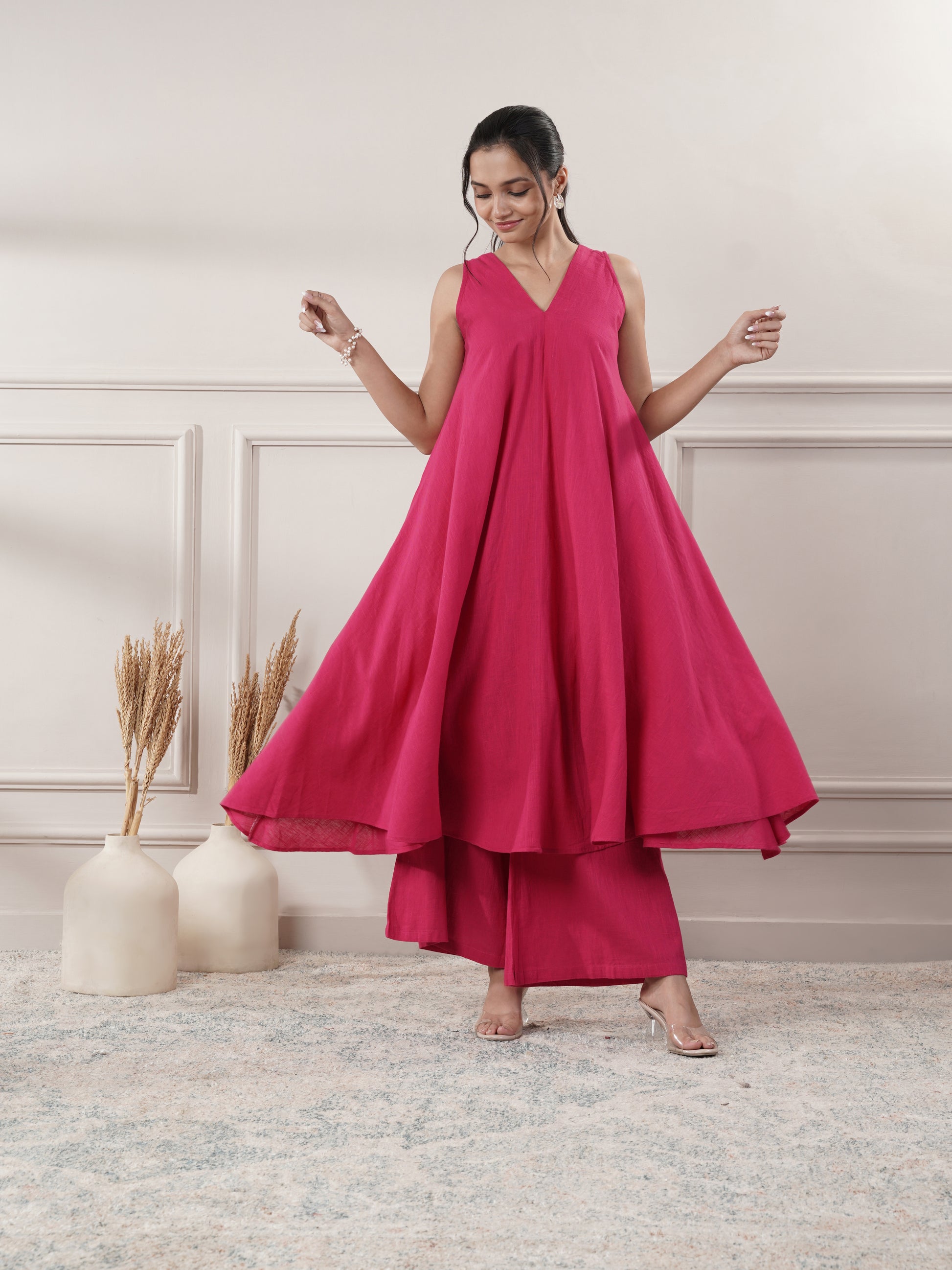 Pink Cotton A-Line Midi Party wear dresses With Pants