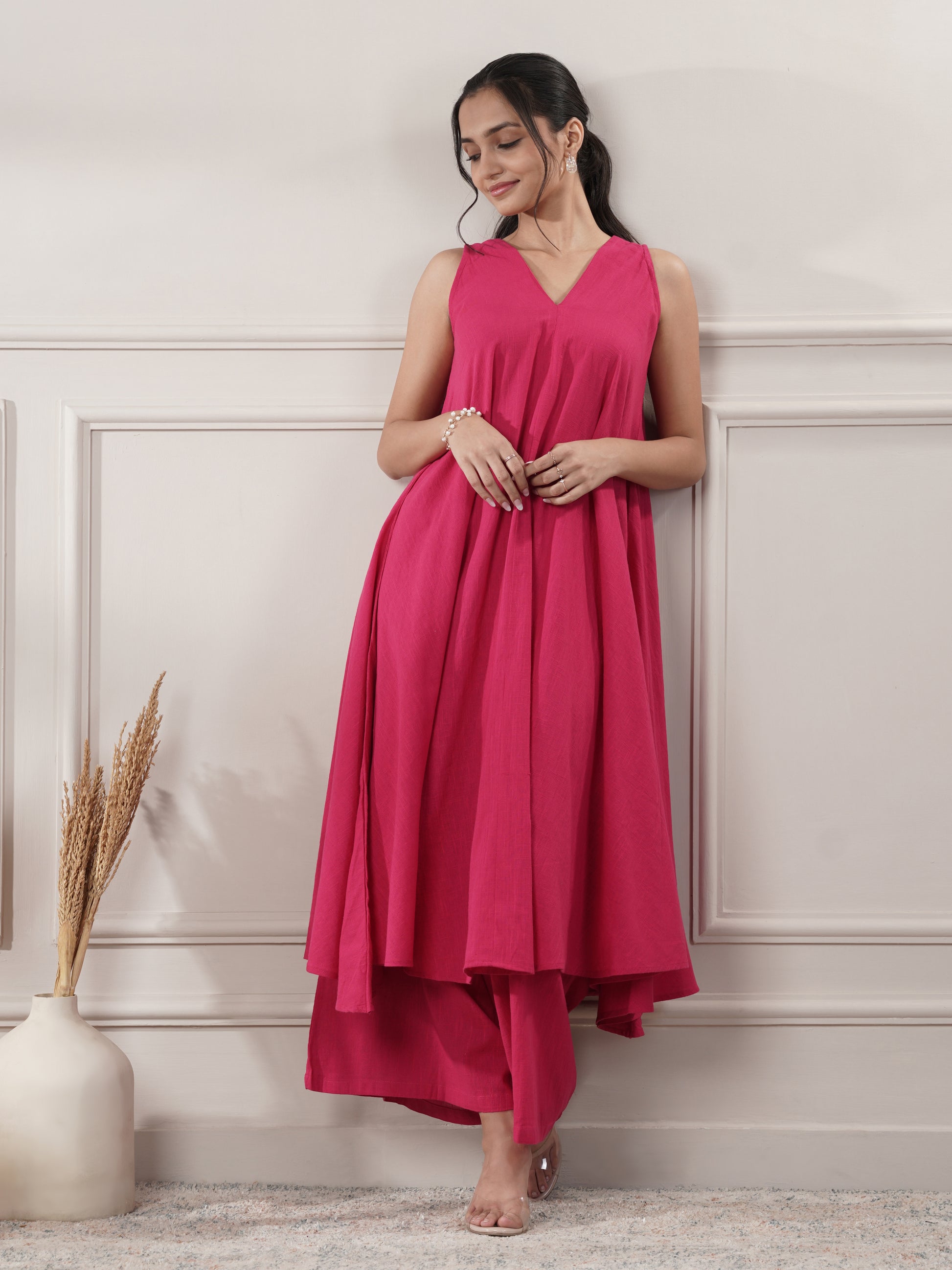 Pink Cotton A-Line Midi Party wear dresses With Pants