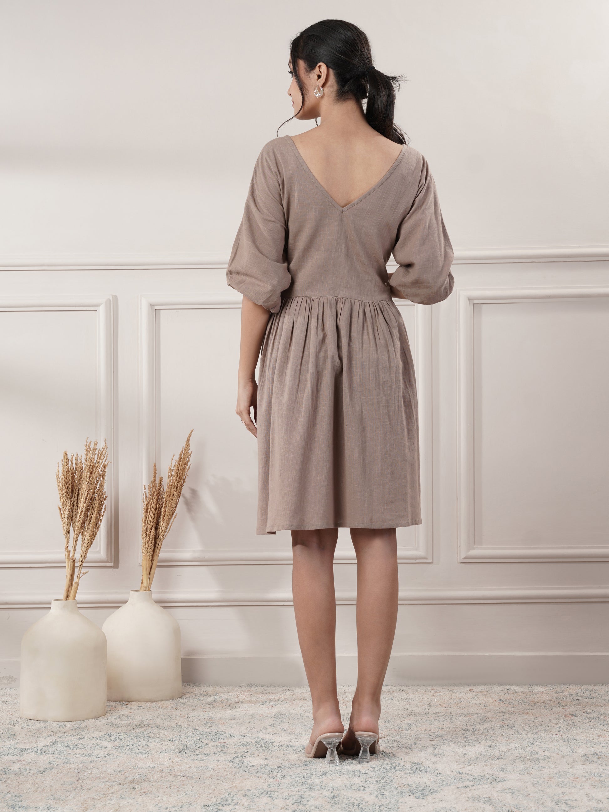 Brown Cotton Party Wear Dress