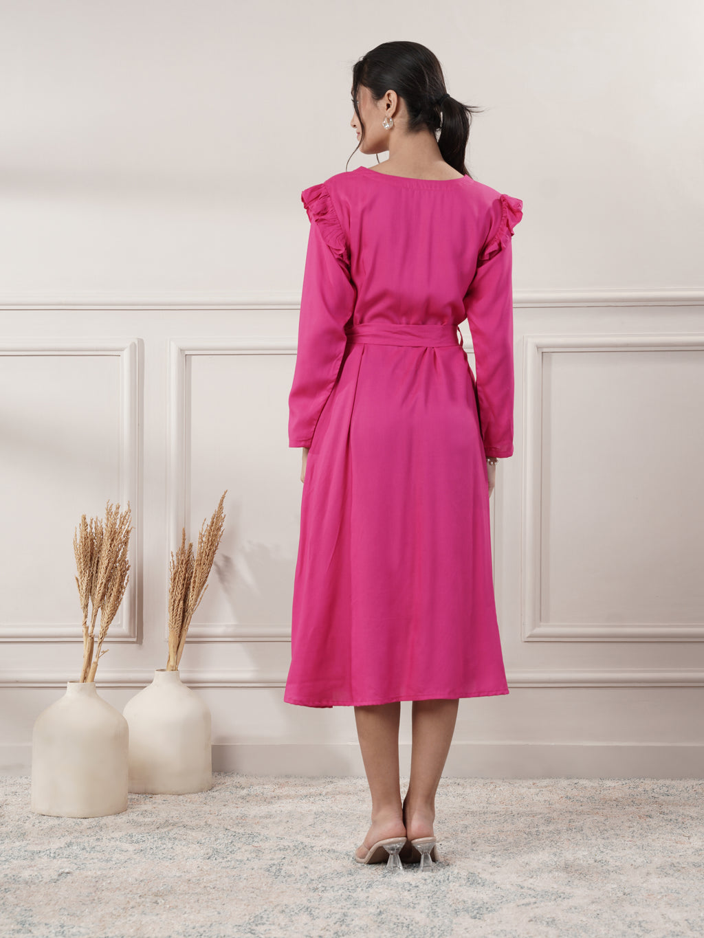 Rayon Pink Midi Party Wear Dress