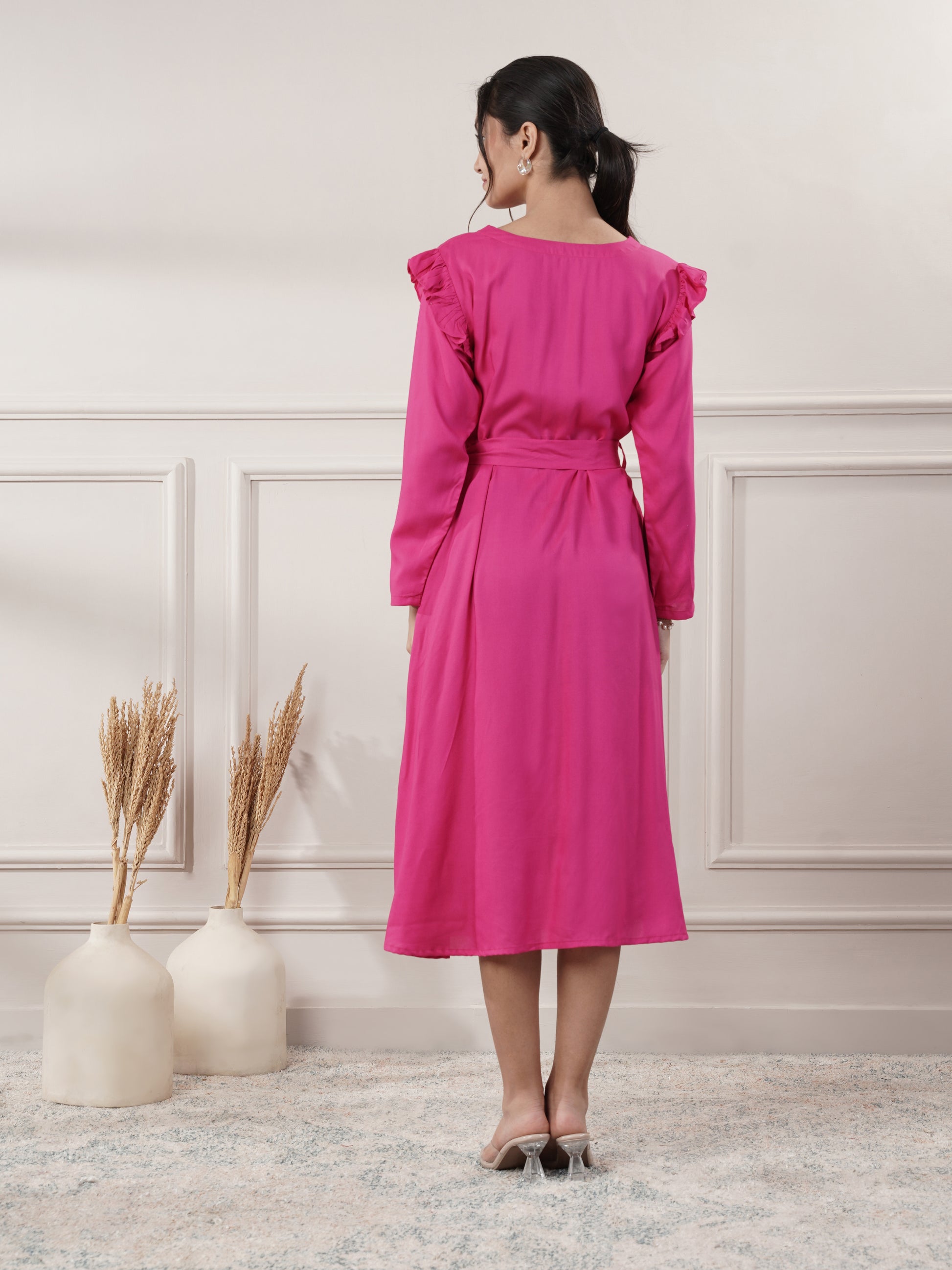 Rayon Pink Midi Party Wear Dress