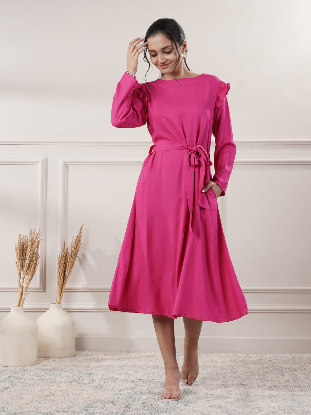 Rayon Pink Midi Party Wear Dress