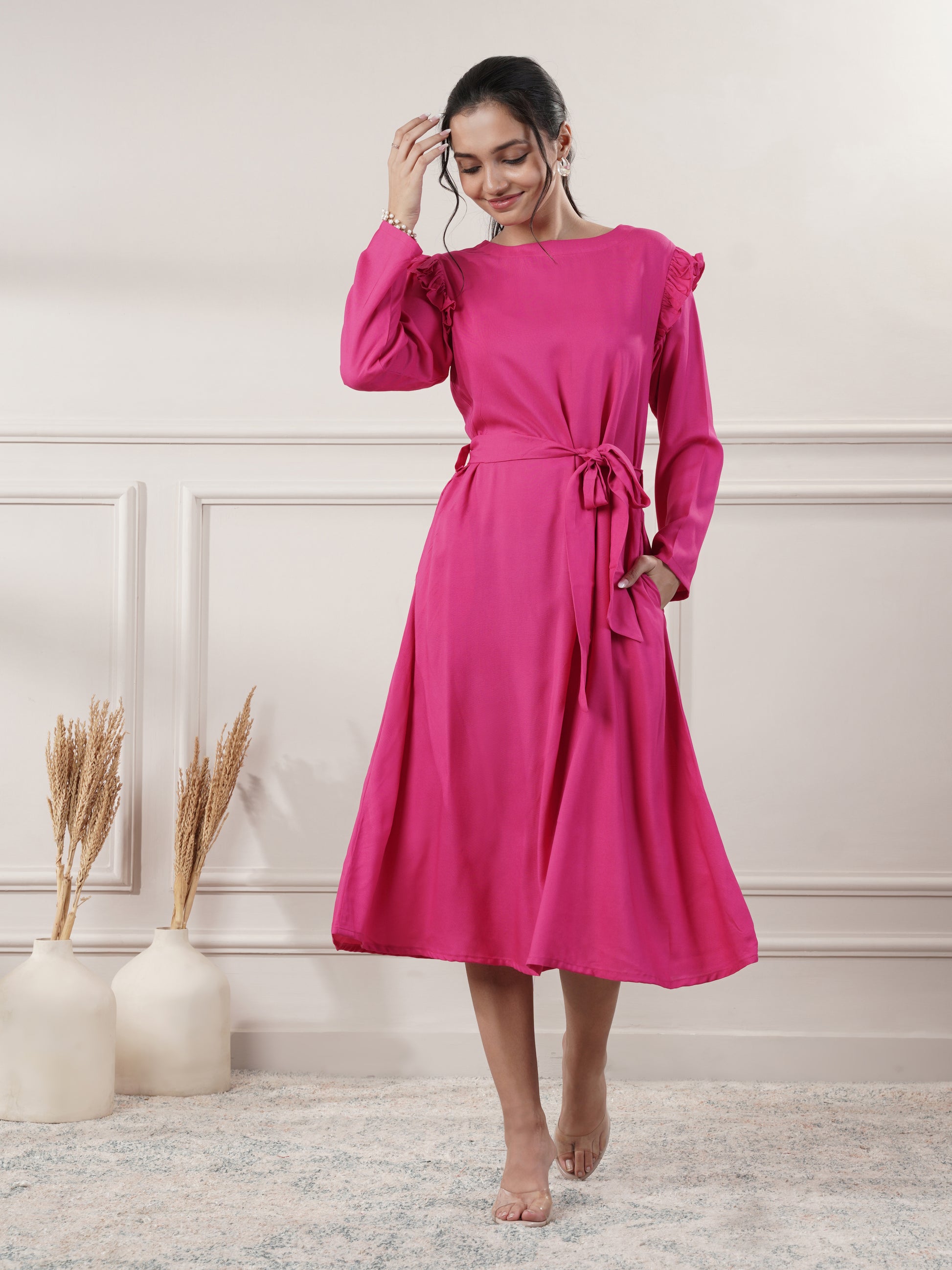 Rayon Pink Midi Party Wear Dress