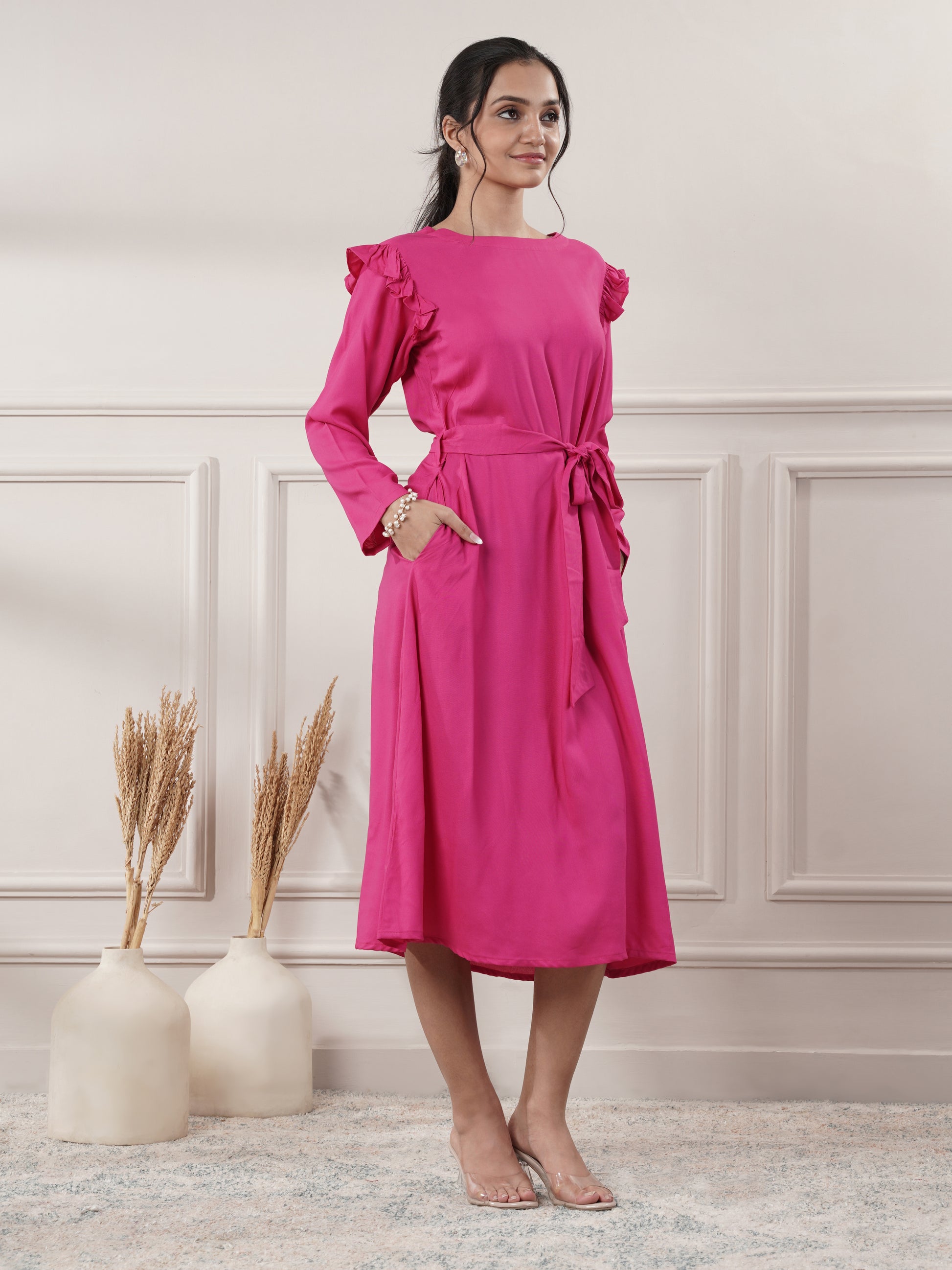 Rayon Pink Midi Party Wear Dress