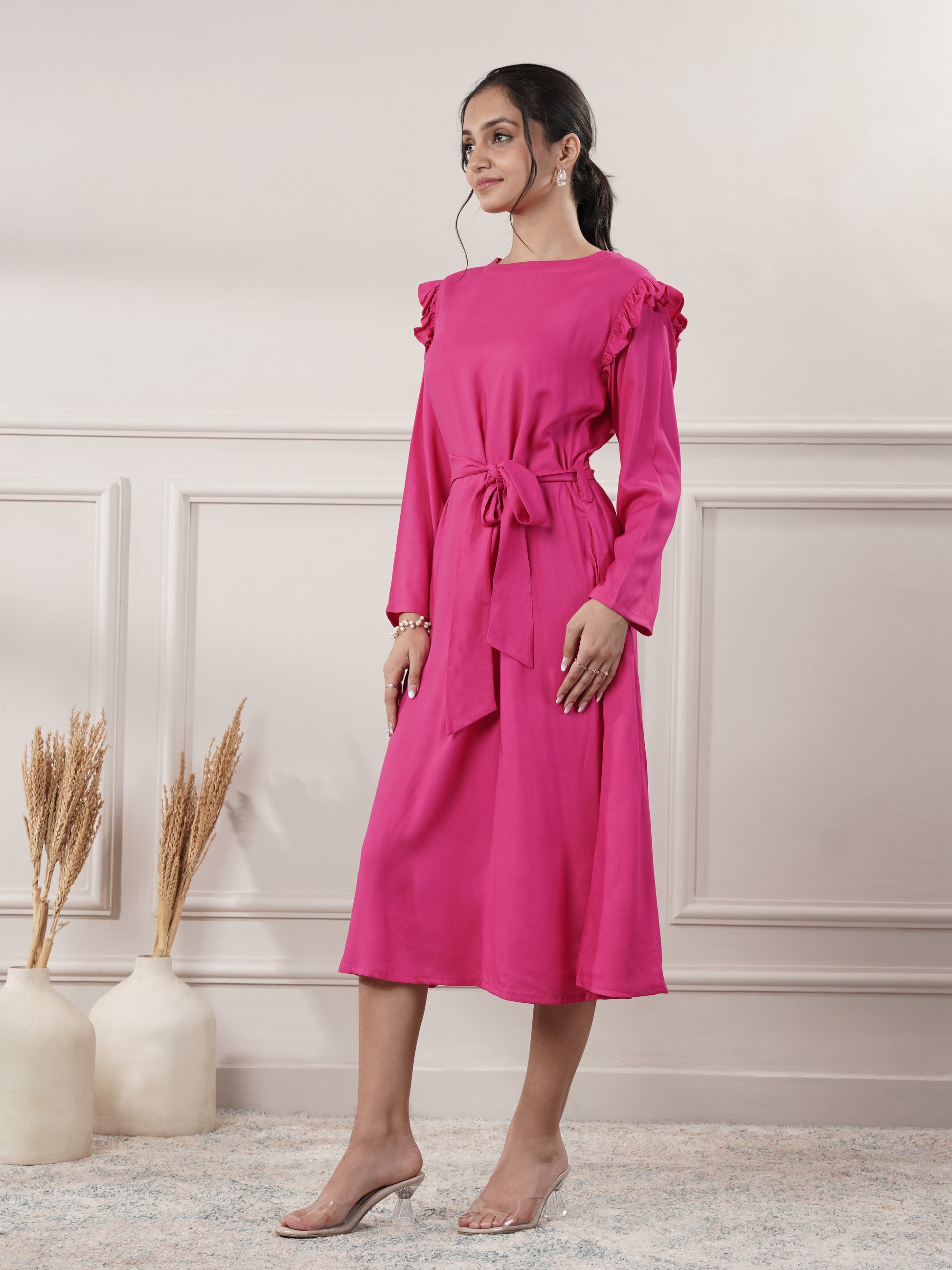 Rayon Pink Midi Party Wear Dress