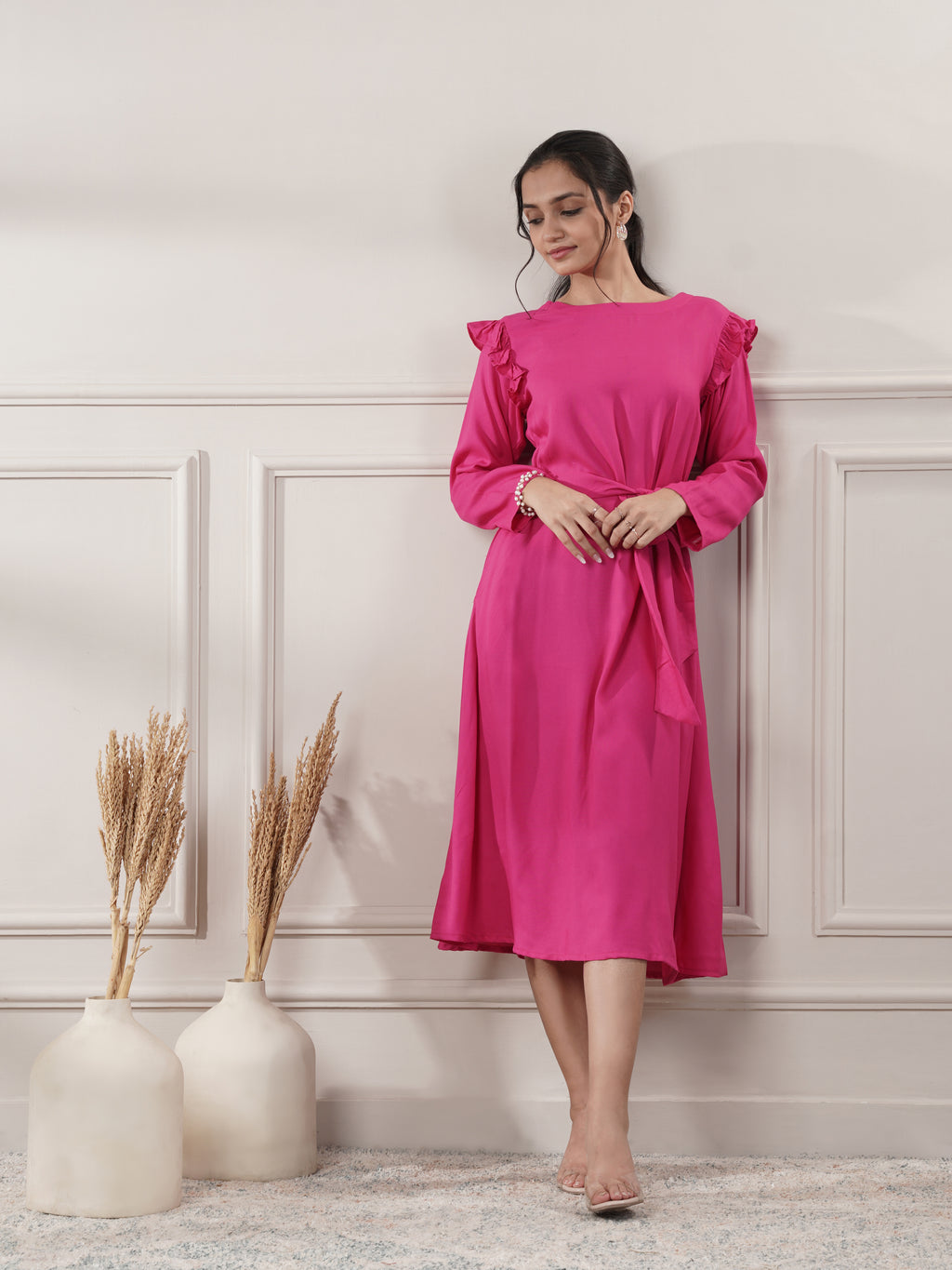 Rayon Pink Midi Party Wear Dress