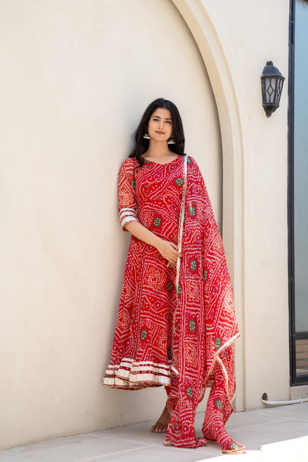Red Chiffon Bandhej Print Anarkali Kurta Set