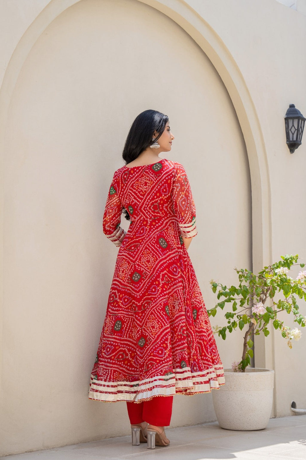 Red Chiffon Bandhej Print Anarkali Kurta Set