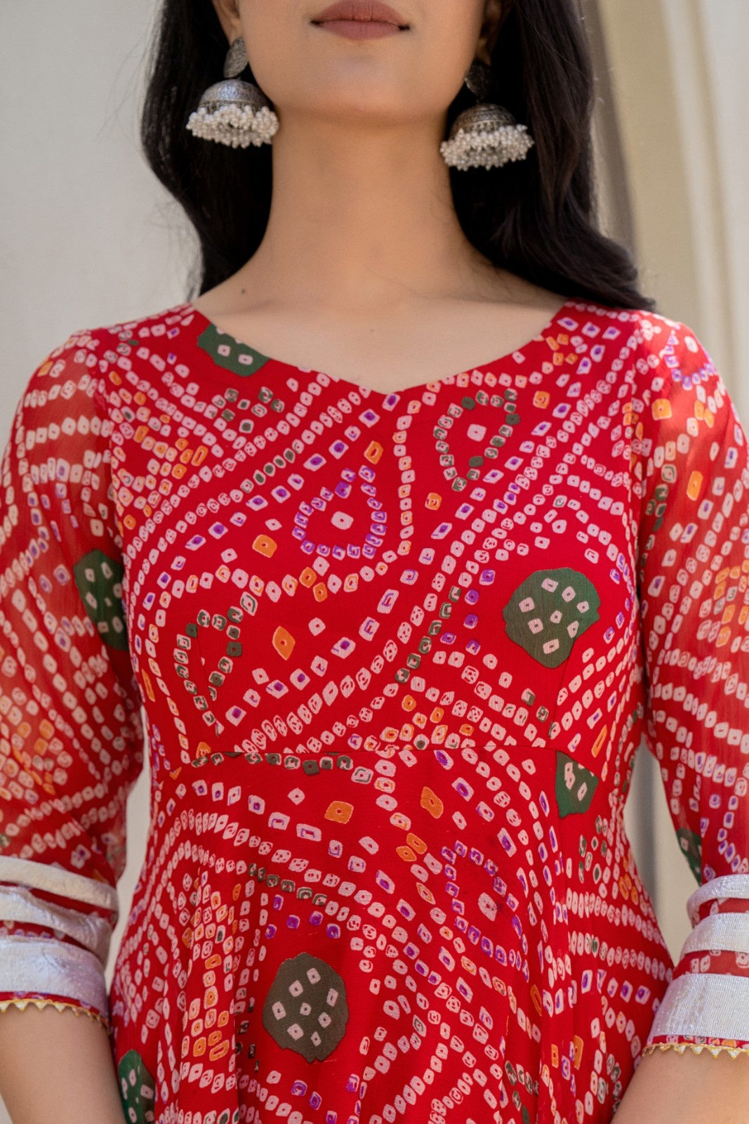 Red Chiffon Bandhej Print Anarkali Kurta Set