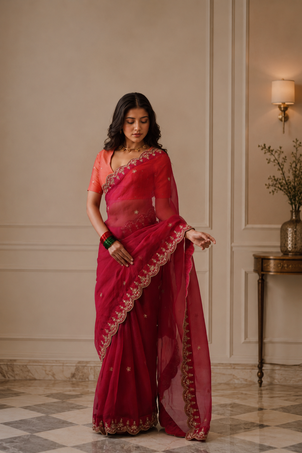 Women's Ruby pink Silk Organza  Saree with Unstitched Blouse