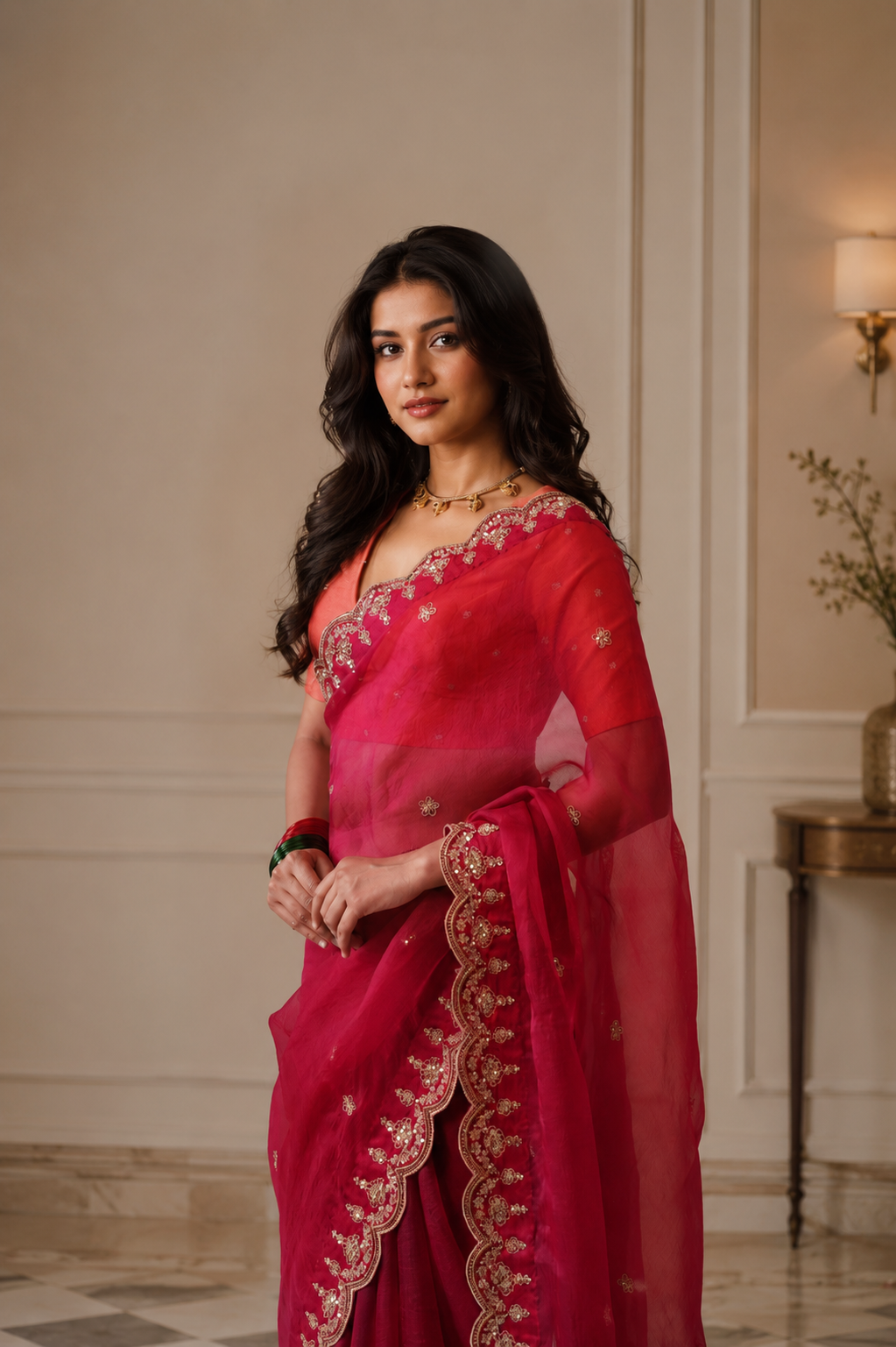 Women's Ruby pink Silk Organza  Saree with Unstitched Blouse