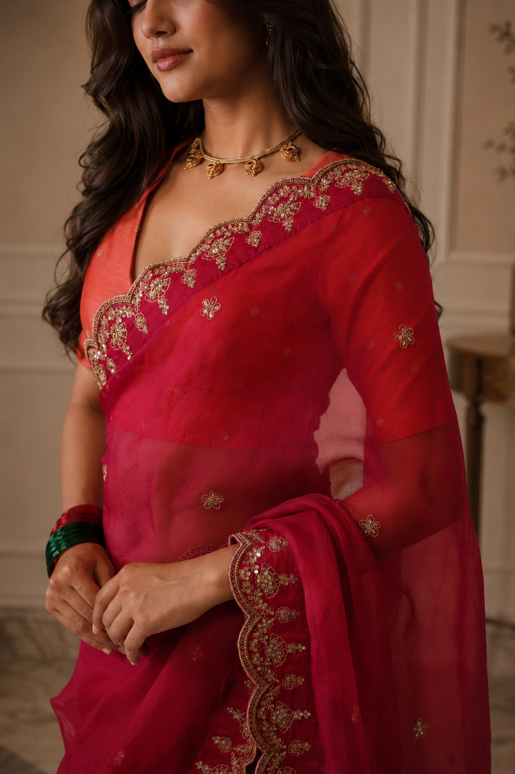 Women's Ruby pink Silk Organza  Saree with Unstitched Blouse