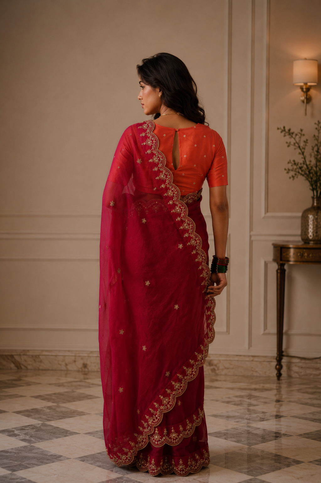 Women's Ruby pink Silk Organza  Saree with Unstitched Blouse
