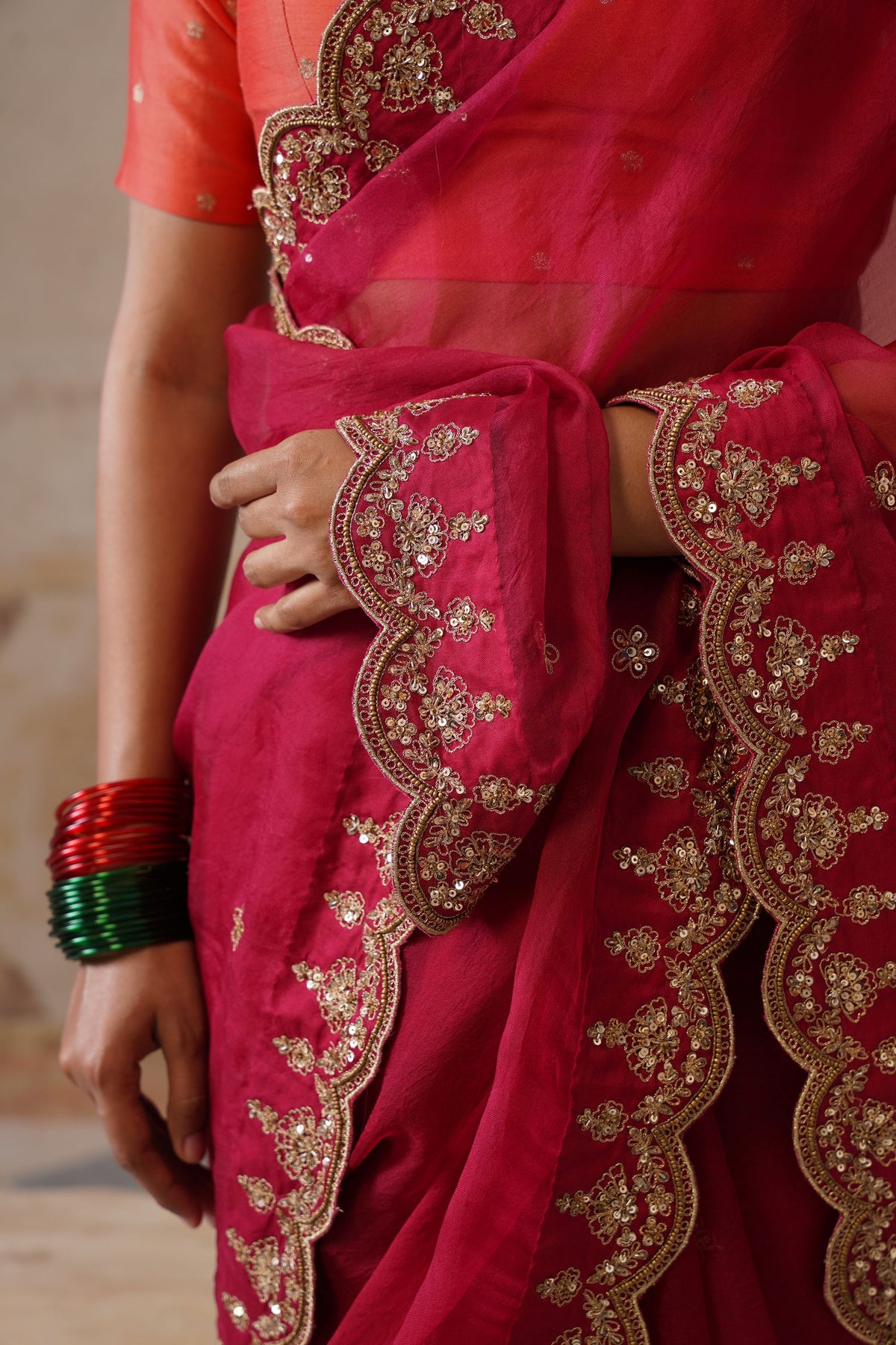 Women's Ruby pink Silk Organza  Saree with Unstitched Blouse