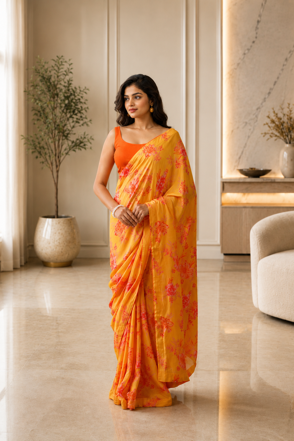 Women's Yellow Modal Silk  Saree with Unstitched Blouse