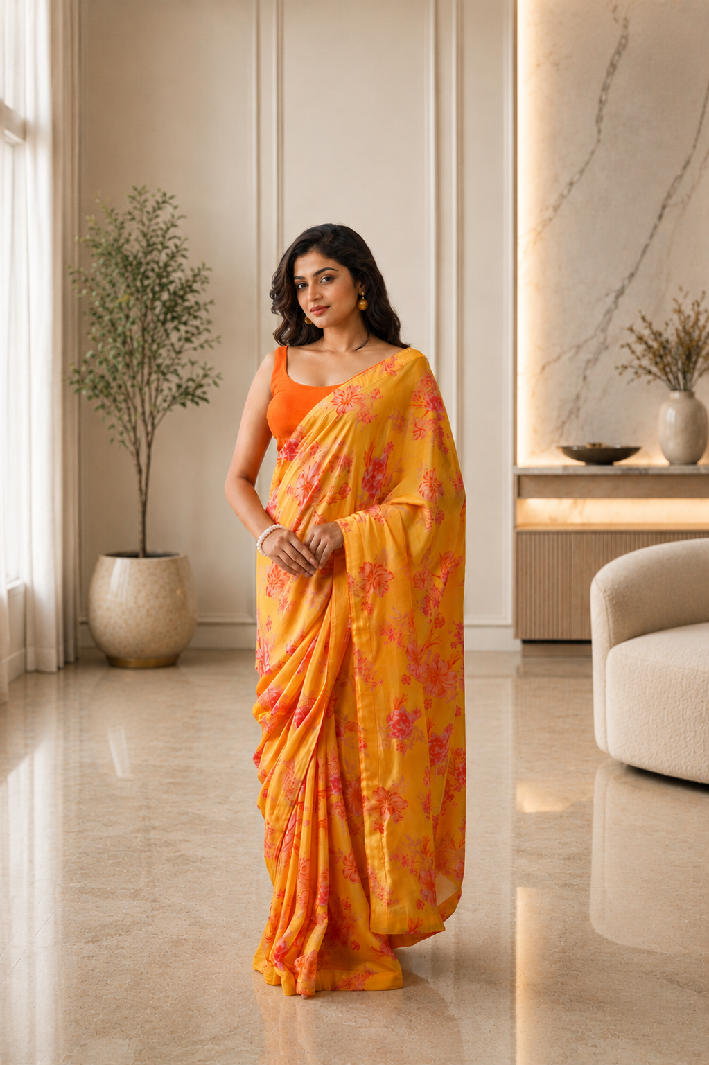 Women's Yellow Modal Silk  Saree with Unstitched Blouse