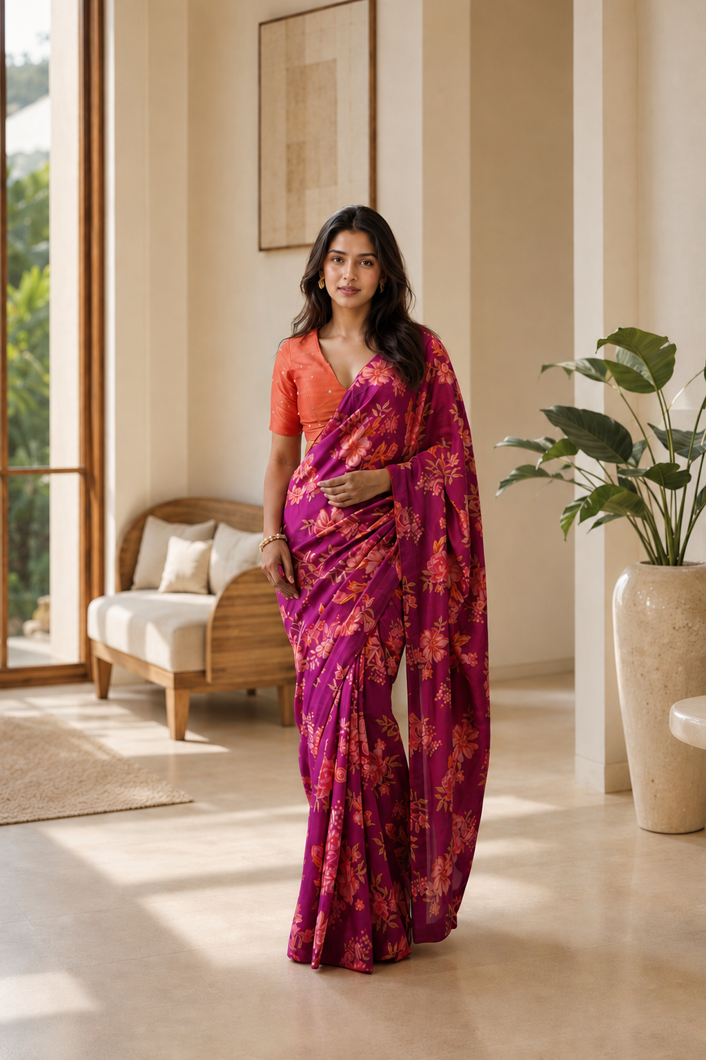 Women's Dark magenta Modal Silk  Saree with Unstitched Blouse
