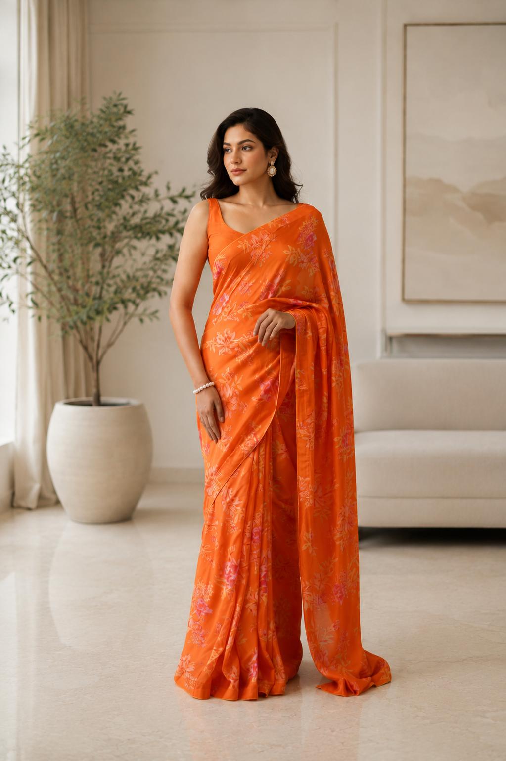 Women's Orange Modal Silk  Saree with Unstitched Blouse