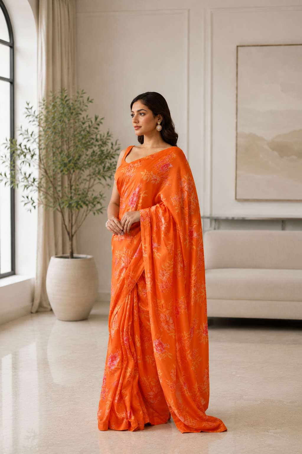 Women's Orange Modal Silk  Saree with Unstitched Blouse