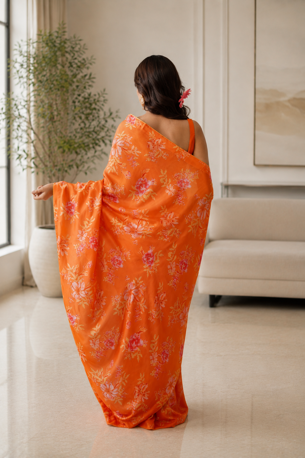 Women's Orange Modal Silk  Saree with Unstitched Blouse