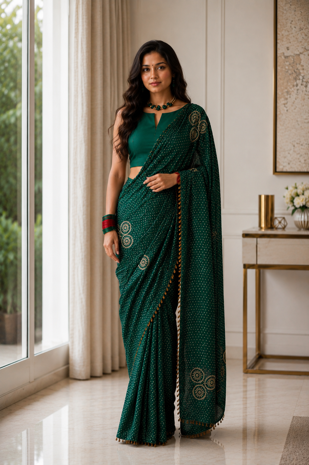 Women's Emerald Green Modal Silk  Saree with Unstitched Blouse