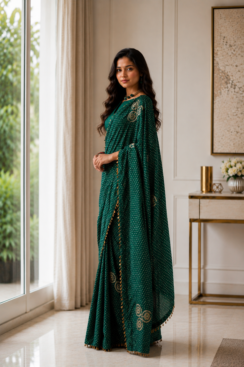 Women's Emerald Green Modal Silk  Saree with Unstitched Blouse