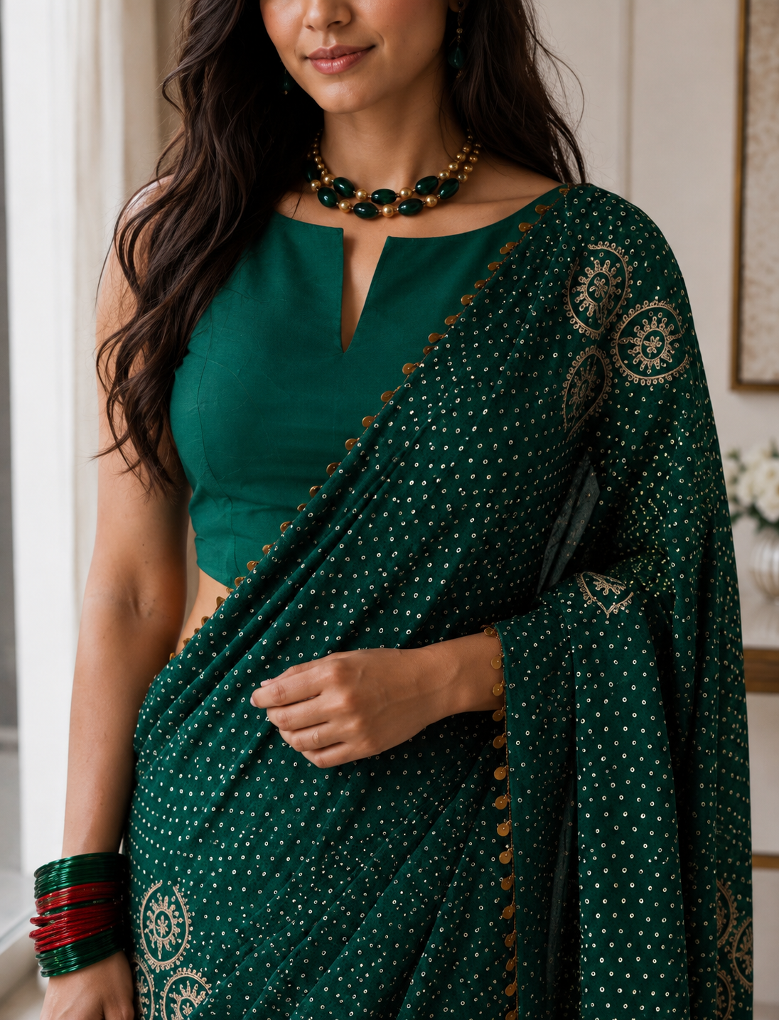 Women's Emerald Green Modal Silk  Saree with Unstitched Blouse