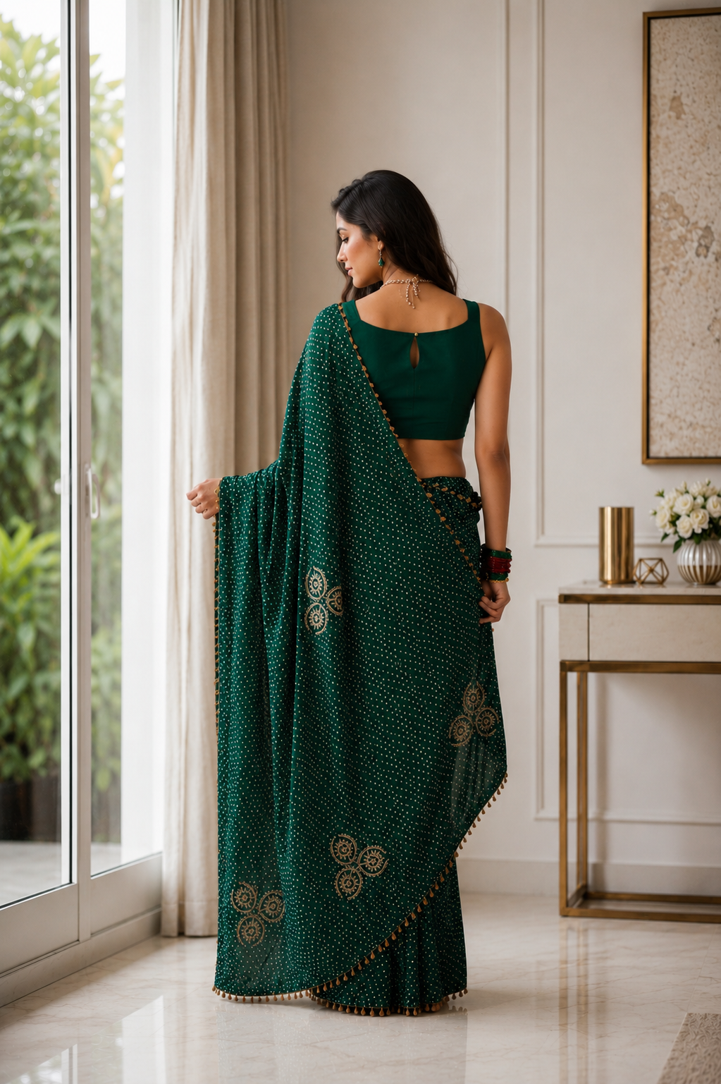 Women's Emerald Green Modal Silk  Saree with Unstitched Blouse