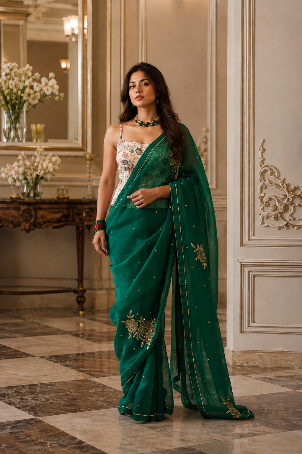 Women's Emerald Green Silk Organza  Saree with Unstitched Blouse