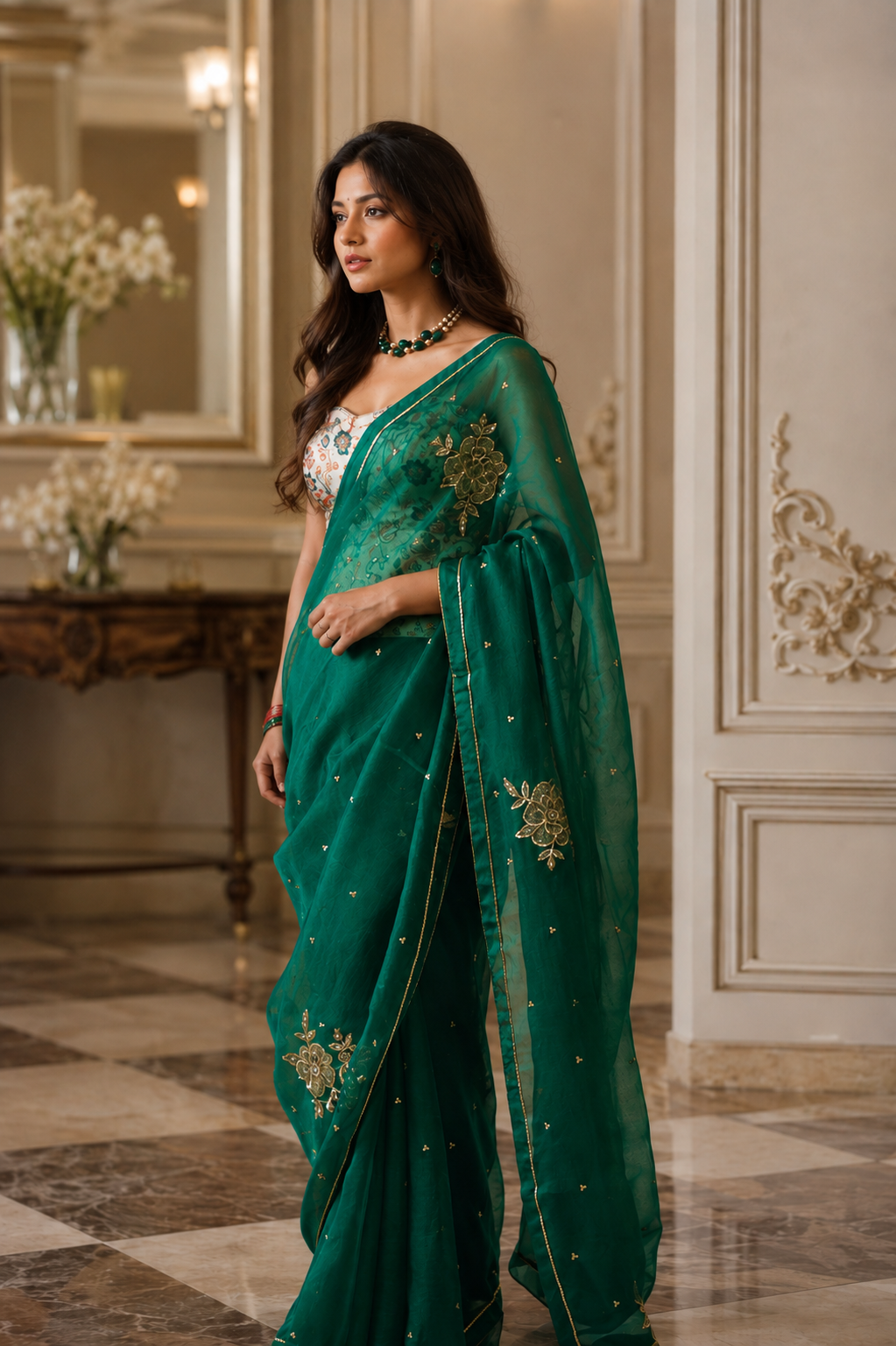 Women's Emerald Green Silk Organza  Saree with Unstitched Blouse
