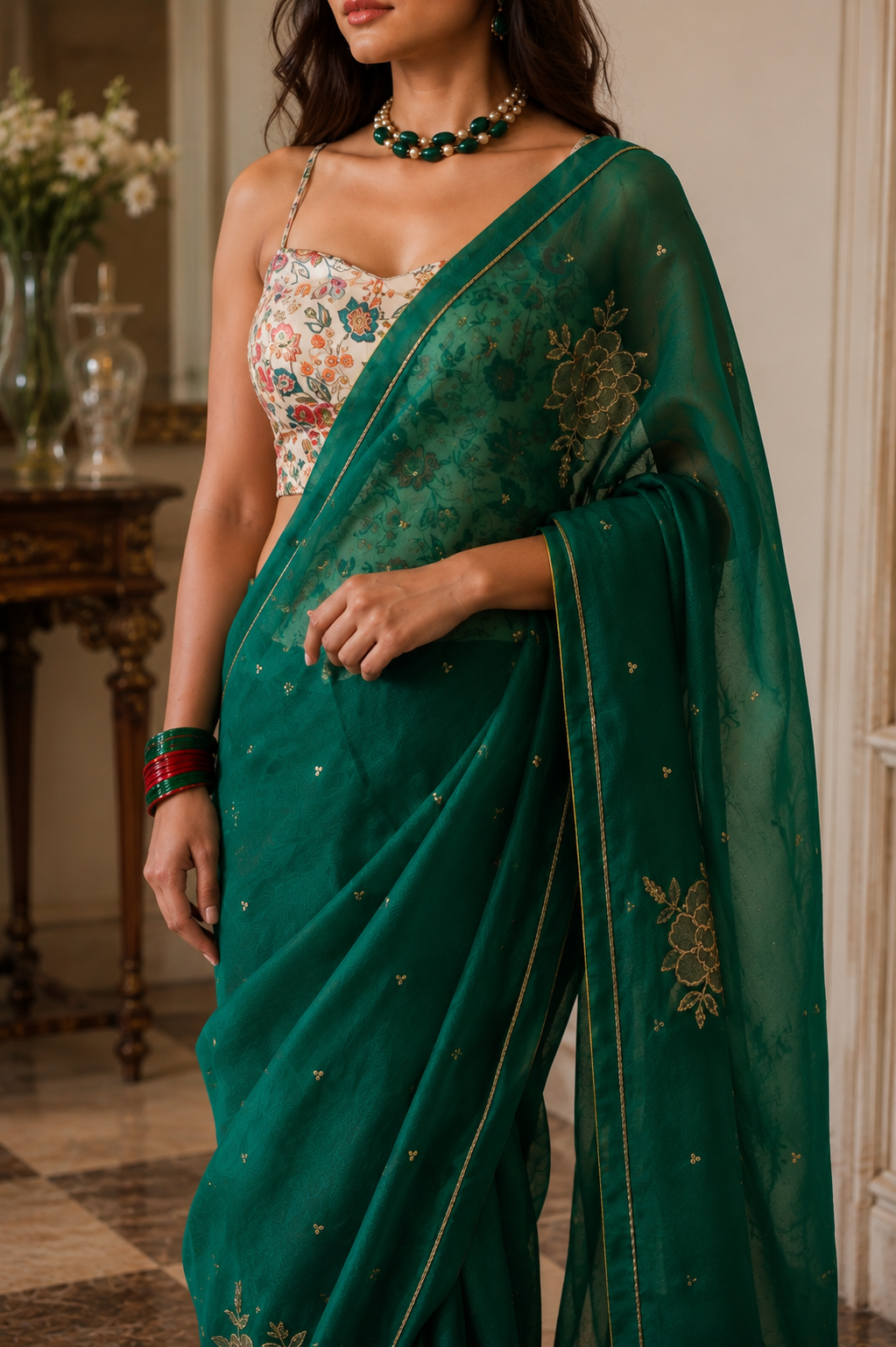 Women's Emerald Green Silk Organza  Saree with Unstitched Blouse