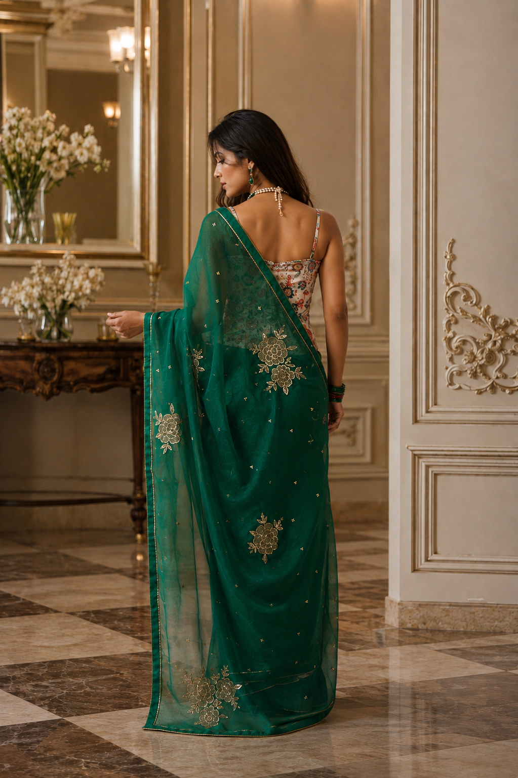Women's Emerald Green Silk Organza  Saree with Unstitched Blouse