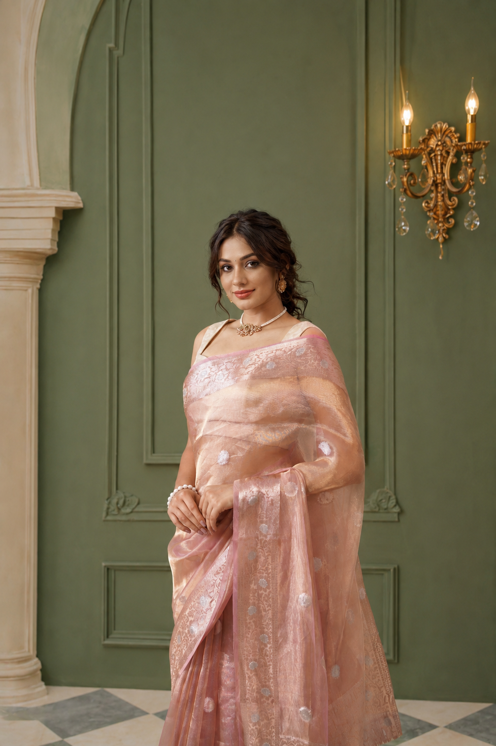 Women's Mauve Silk Tissue Saree with Unstitched Blouse