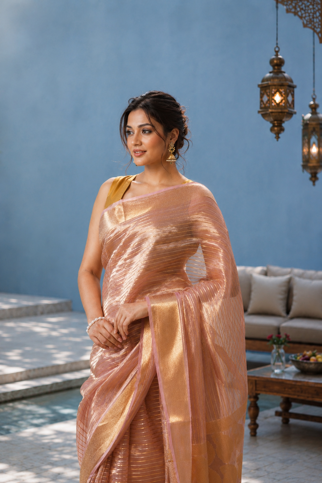 Women's Peach Silk Tissue Saree with Unstitched Blouse