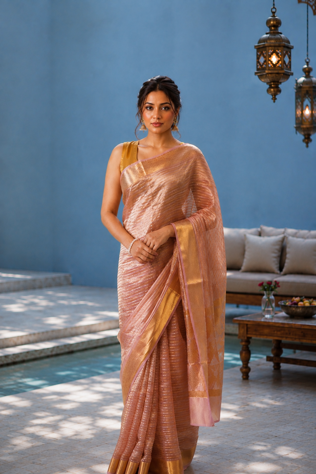 Women's Peach Silk Tissue Saree with Unstitched Blouse