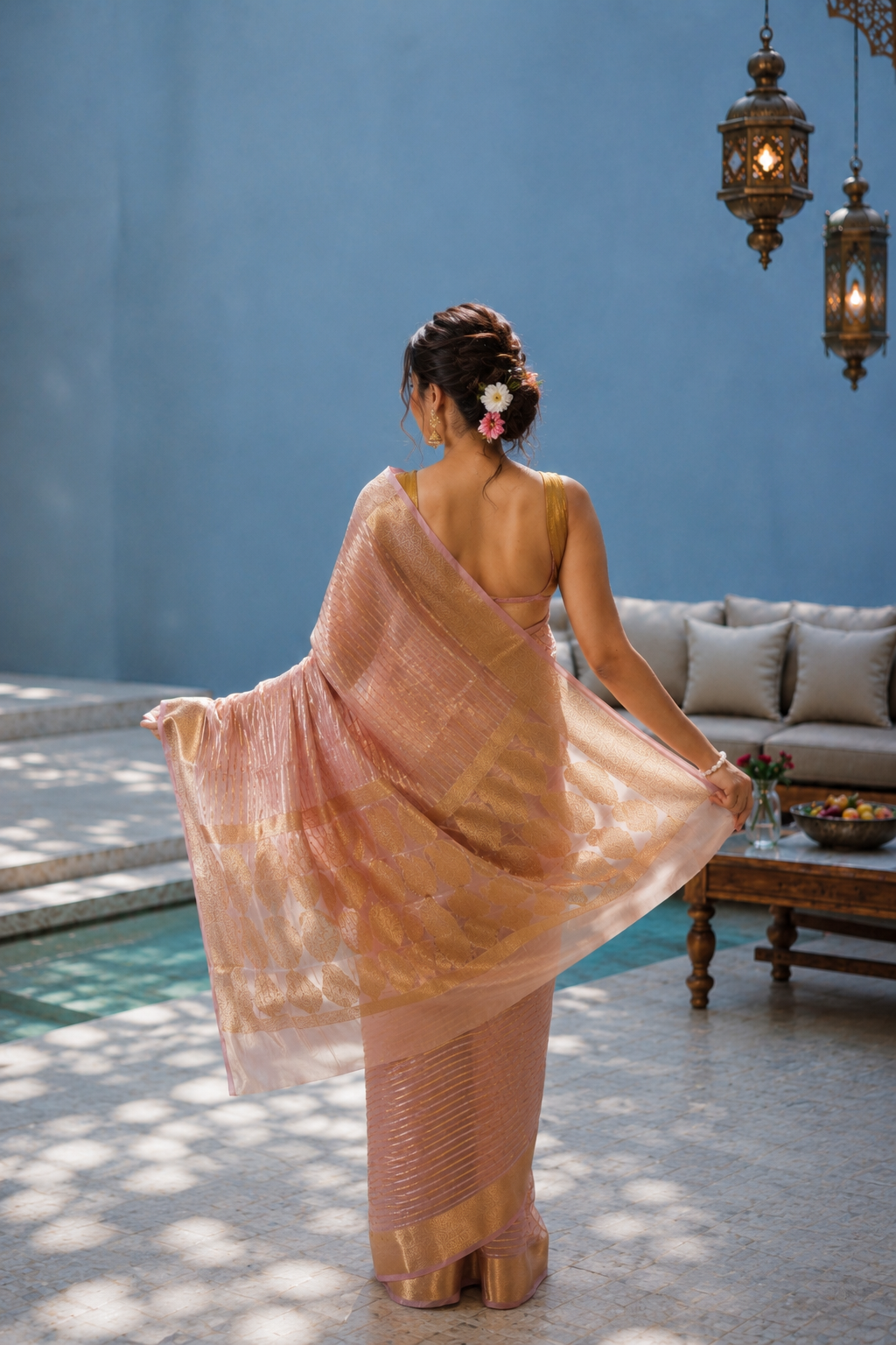 Women's Peach Silk Tissue Saree with Unstitched Blouse