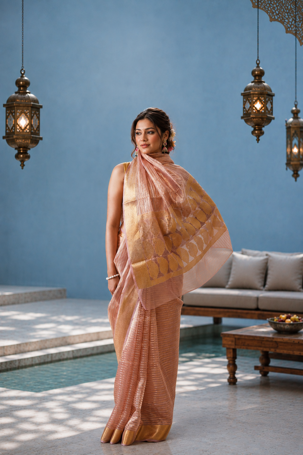 Women's Peach Silk Tissue Saree with Unstitched Blouse