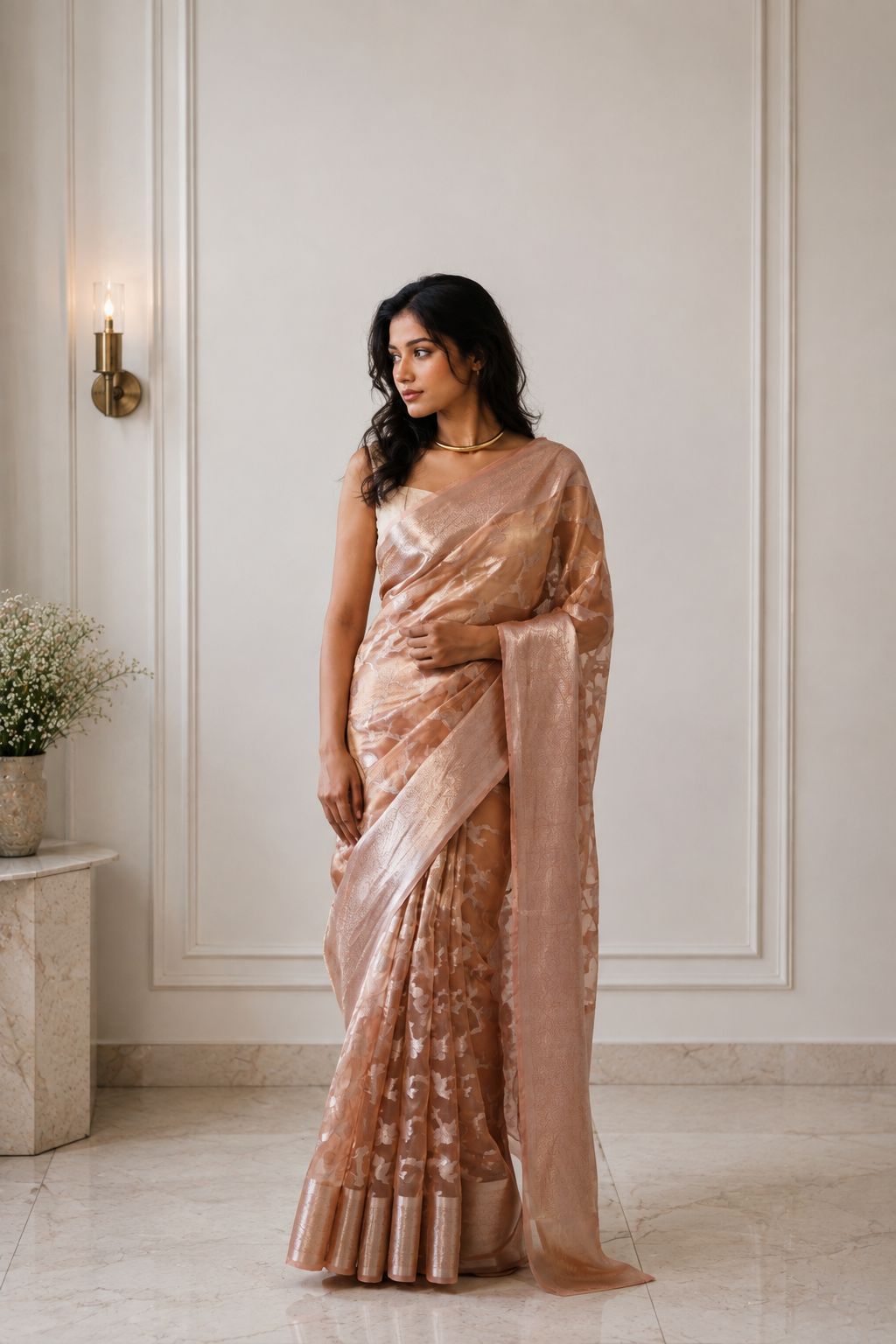 Women's Mauve Silk Tissue Saree with Unstitched Blouse