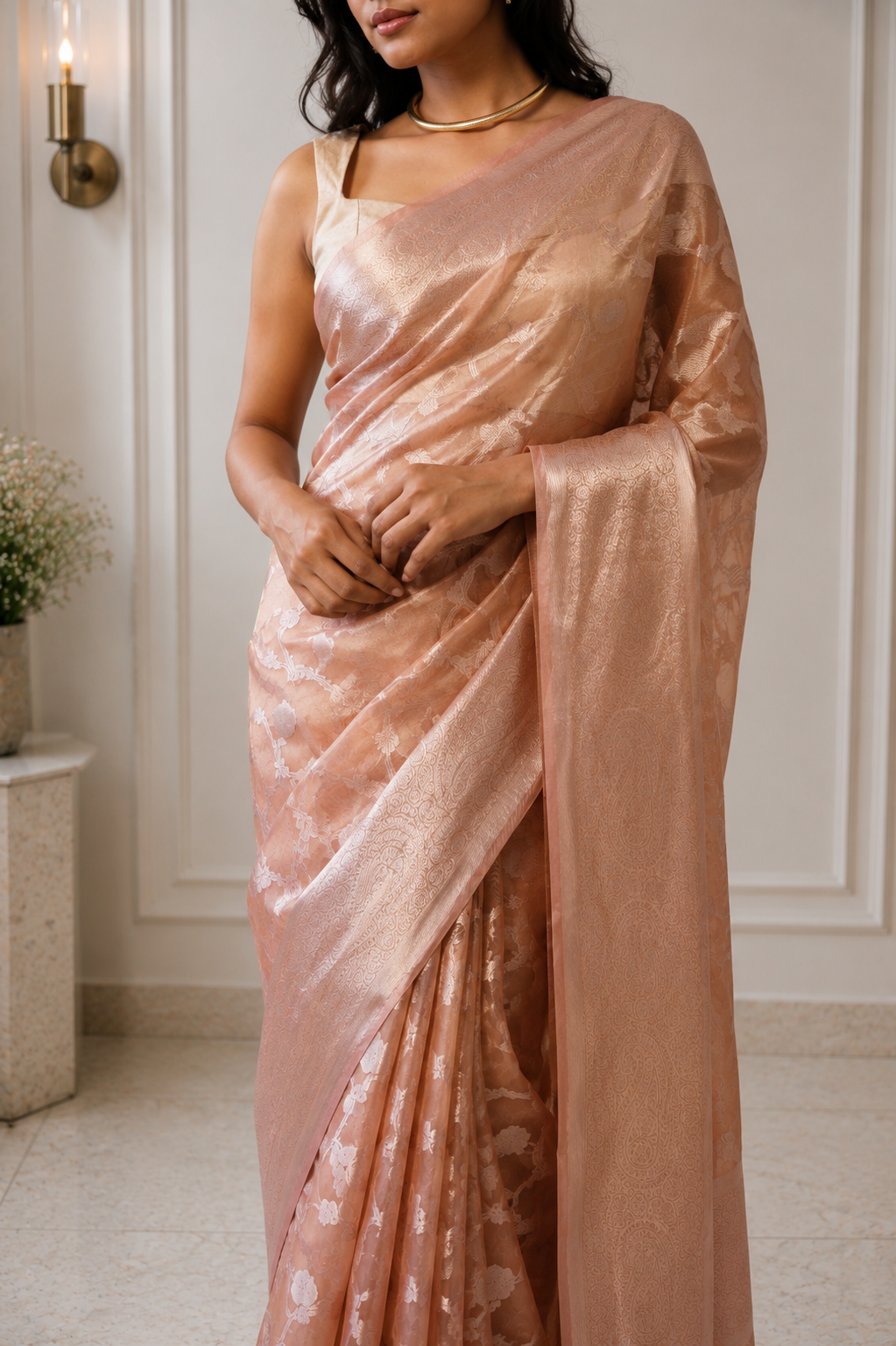 Women's Mauve Silk Tissue Saree with Unstitched Blouse