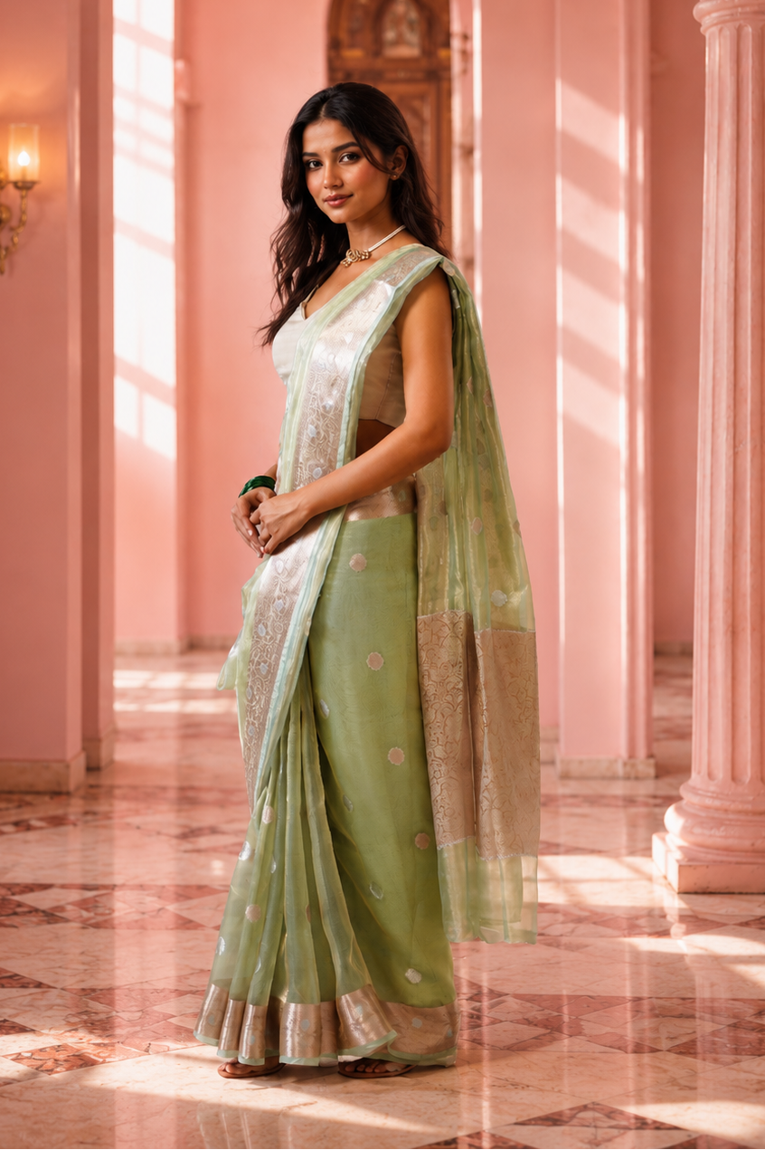 Women's Turquoise Silk Tissue Saree with Unstitched Blouse