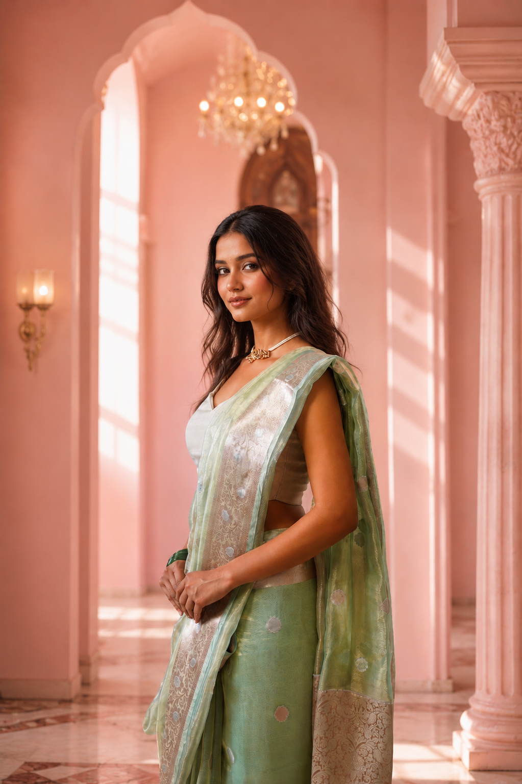 Women's Turquoise Silk Tissue Saree with Unstitched Blouse