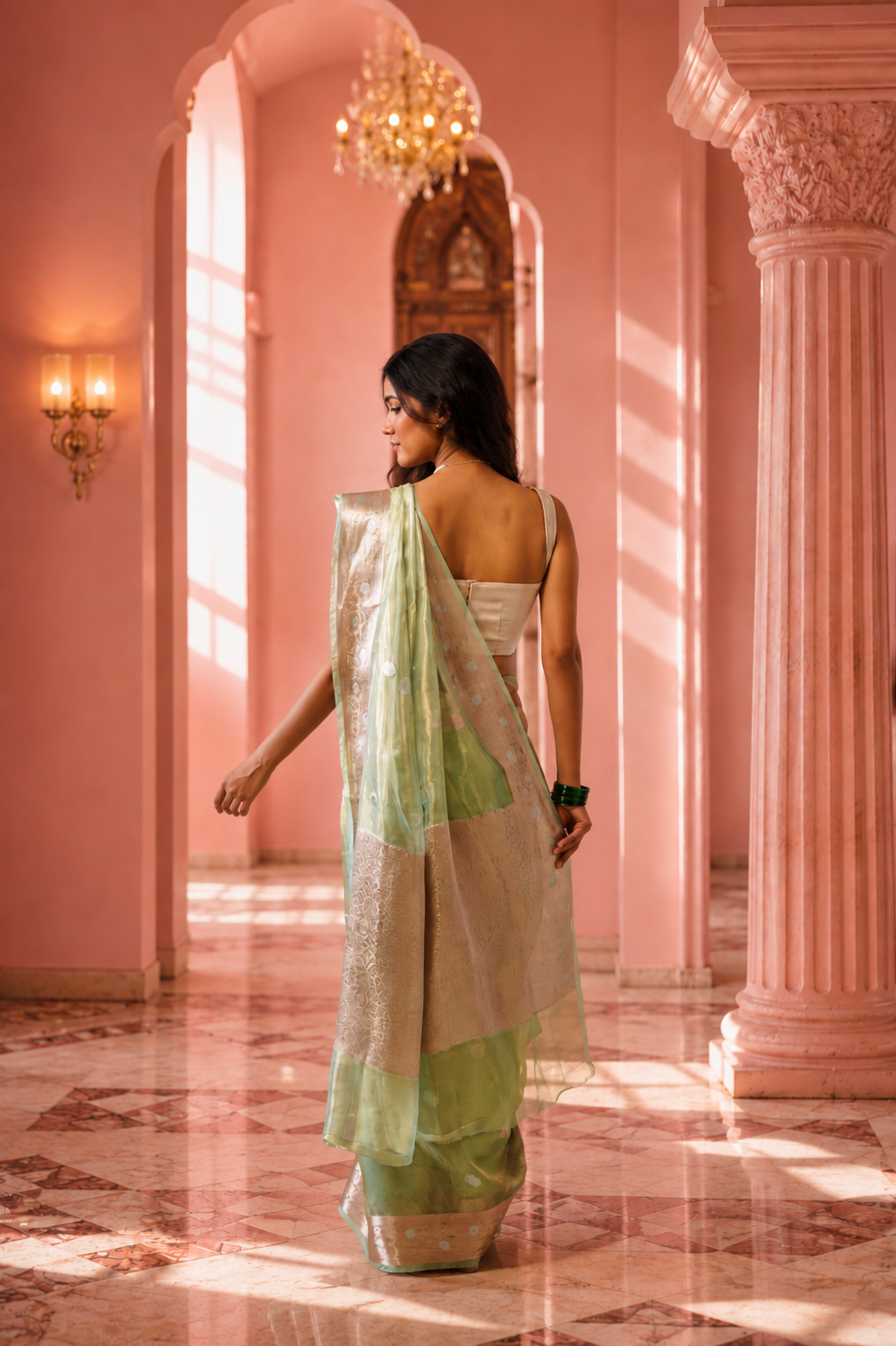 Women's Turquoise Silk Tissue Saree with Unstitched Blouse