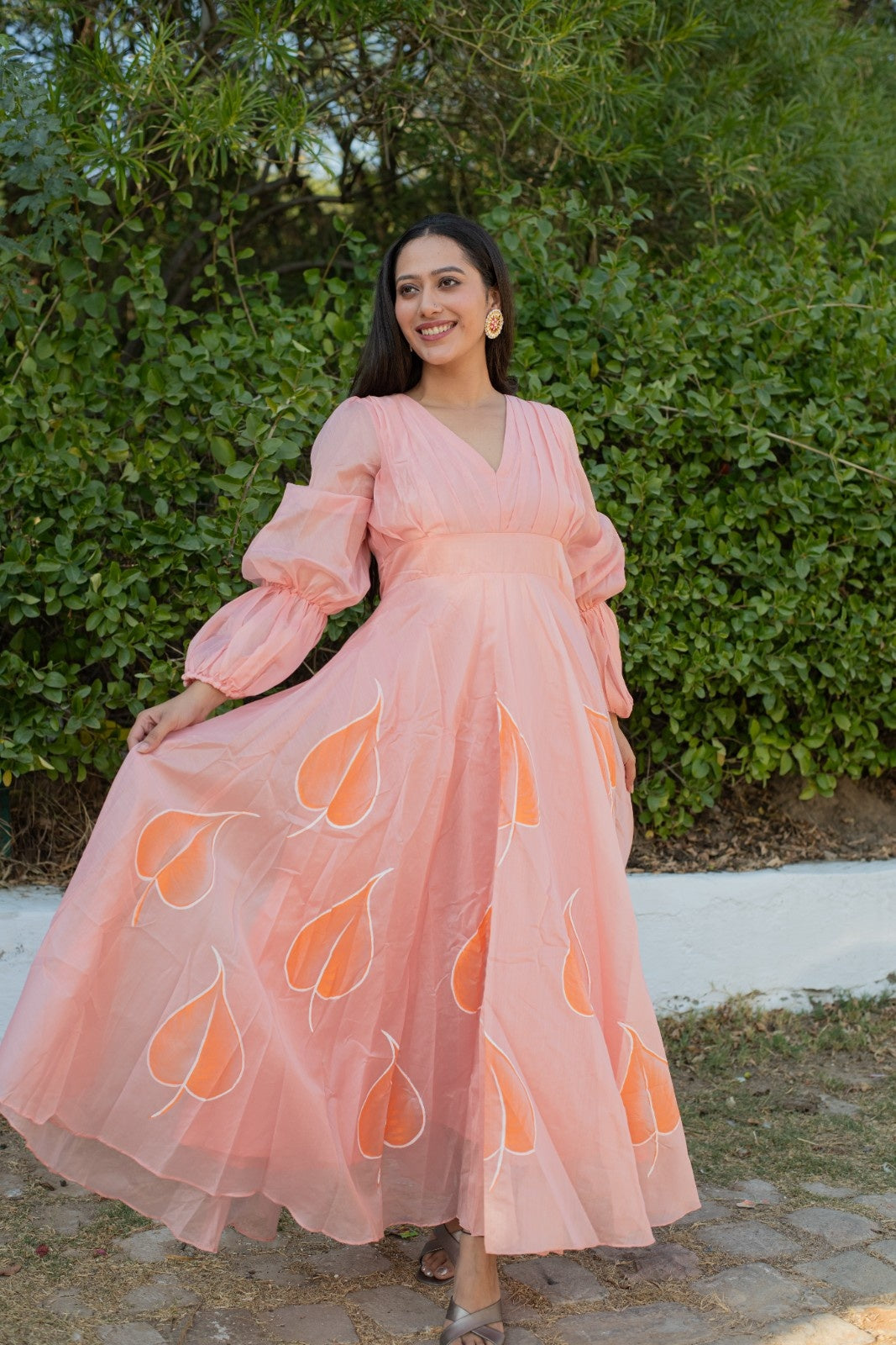 Peach Chanderi Hand Painted Dress