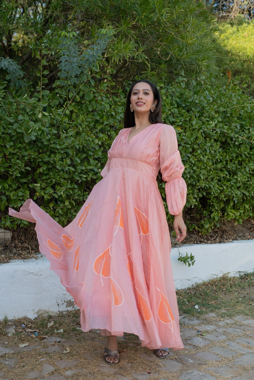 Peach Chanderi Hand Painted Dress