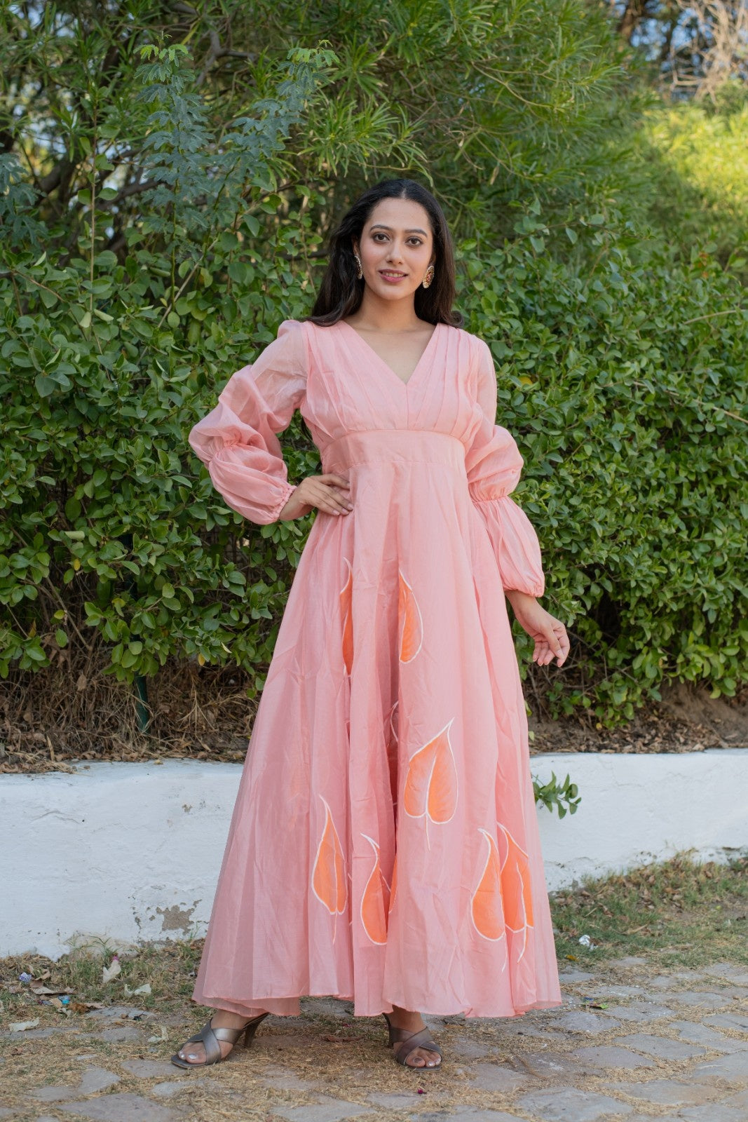 Peach Chanderi Hand Painted Dress
