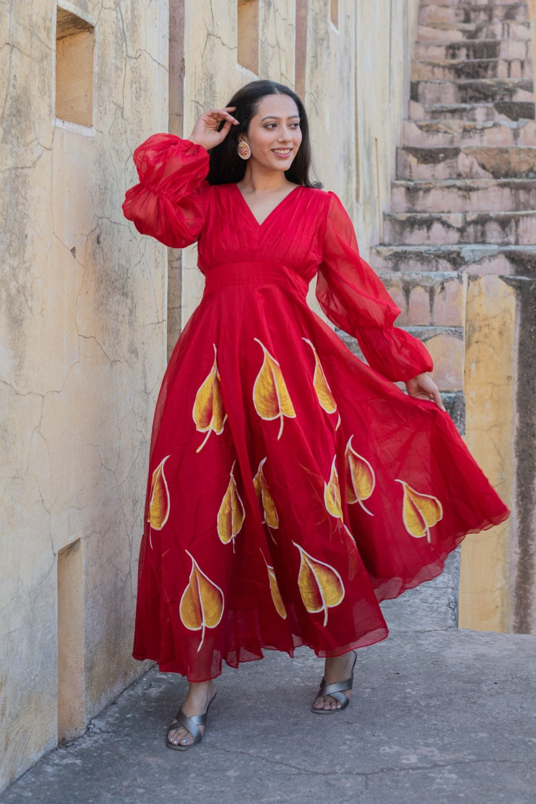 Red Chanderi Hand Painted Dress