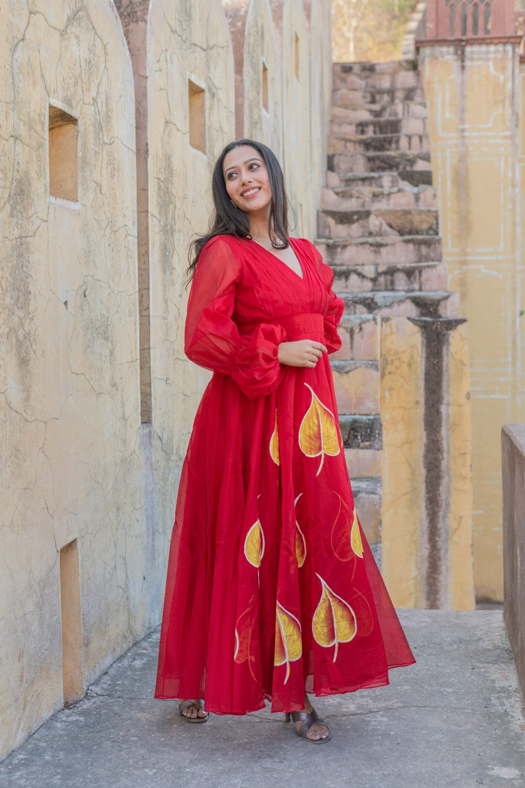 Red Chanderi Hand Painted Dress