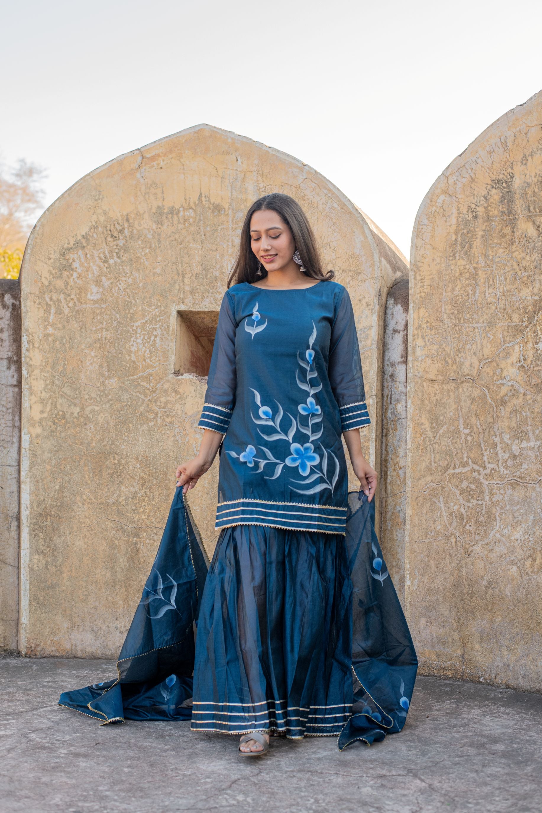 Blue Chanderi Hand Painted Kurta Set