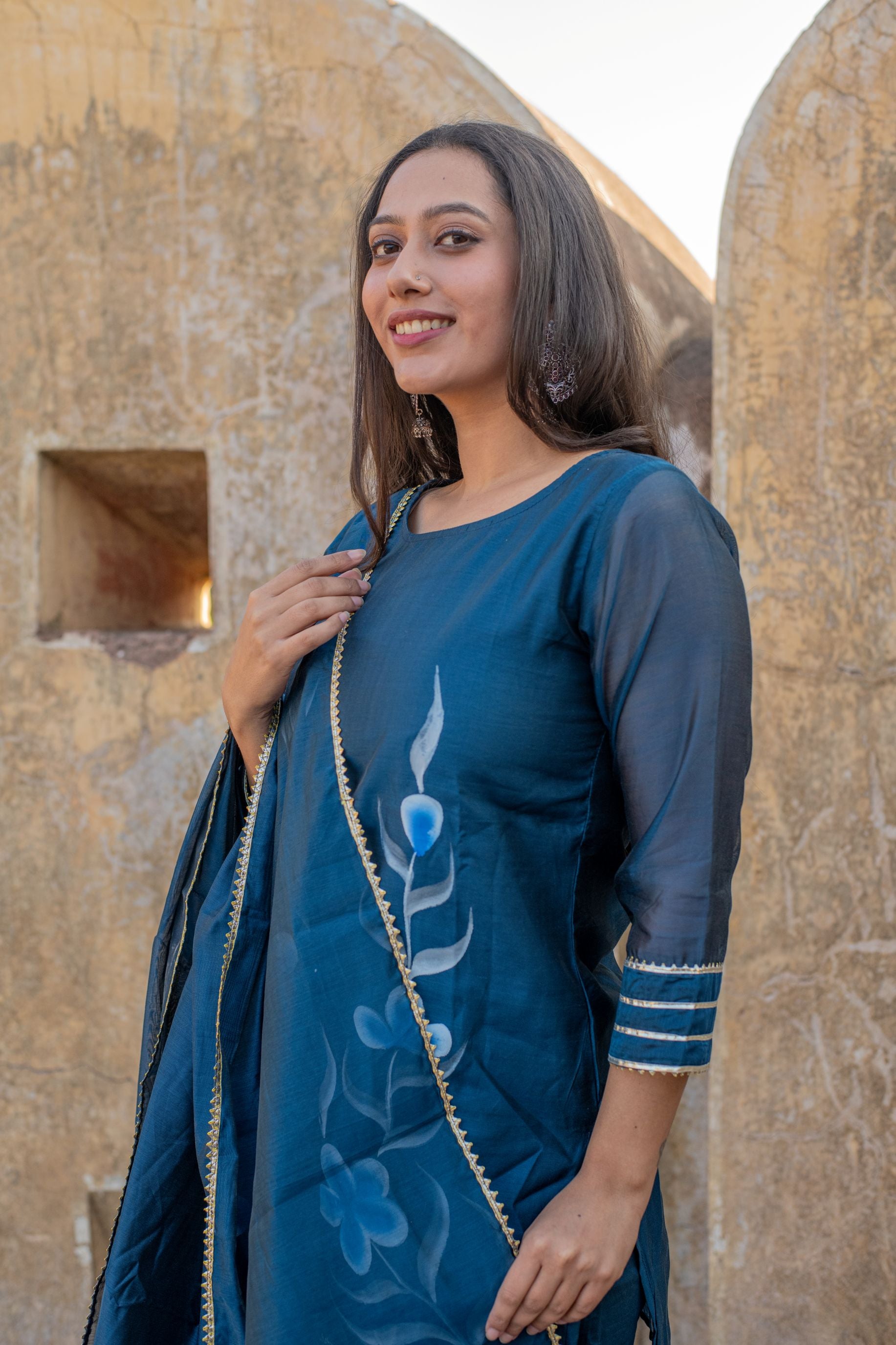 Blue Chanderi Hand Painted Kurta Set